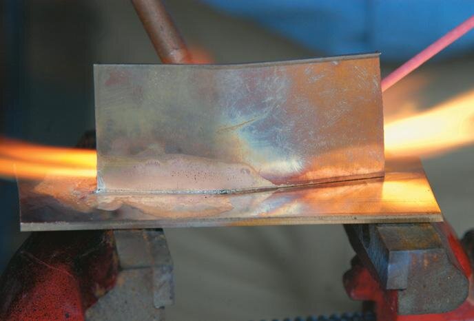 Bronze brazing, showing capillary action with brazing alloy
