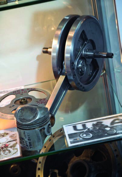 Piston in the Velocette display case of original Mk 8 parts beyond restoration