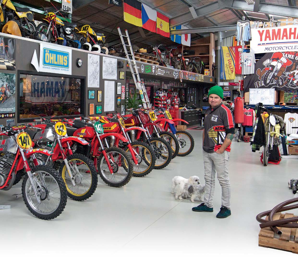 Steve Gallichan and his collection of vintage Maico bikes. Maltese cross pets Alfie and Bellain attendance.