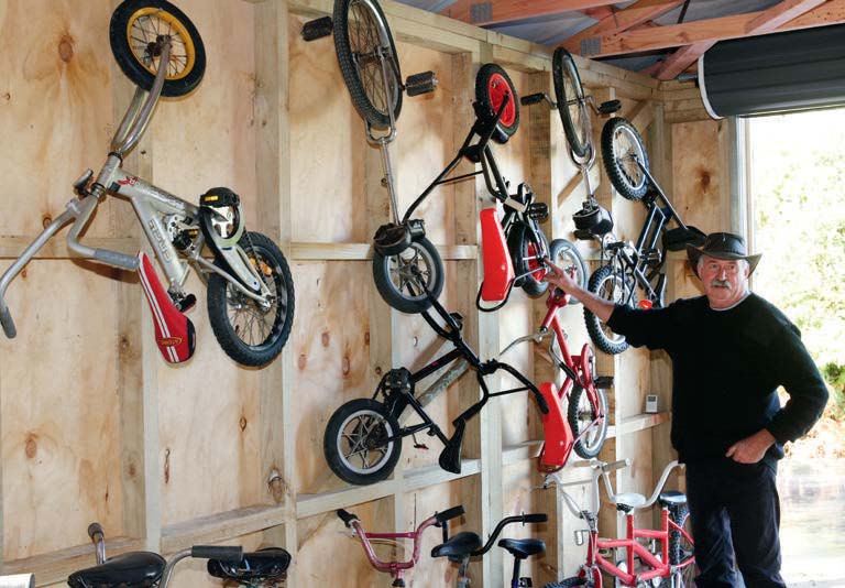 Part of Gary’s collection of recycled bikes, including a couple of unicycles.