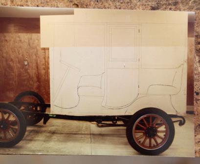 Neil’s original photos of bodywork plans drawn on attached chipboard panels.