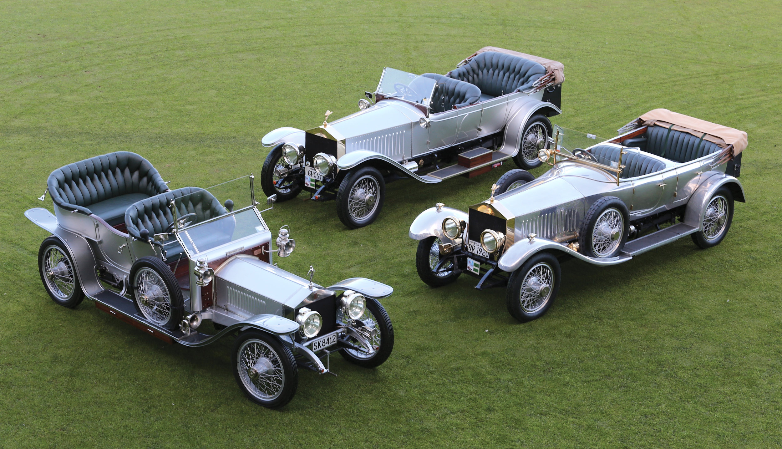 On show in their full glory, the three Silver Ghost Rolls-Royces—on the left is the 1908 model, once a wreck dumped in the Australian outback; at the rear is a 1914 model, built for the family of the Russian Tsar; and at right is a 1920 model, made …