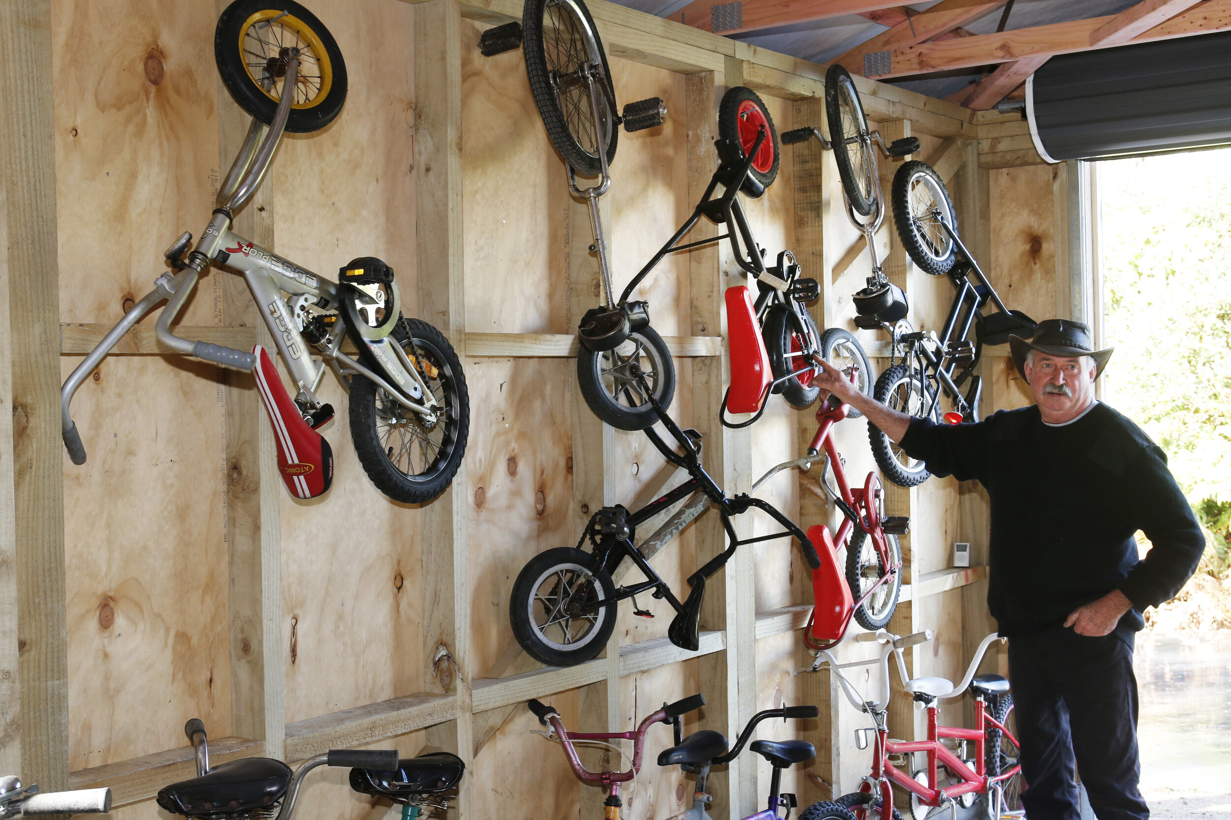 Part of Gary’s collection of recycled bikes, including a couple of unicycles