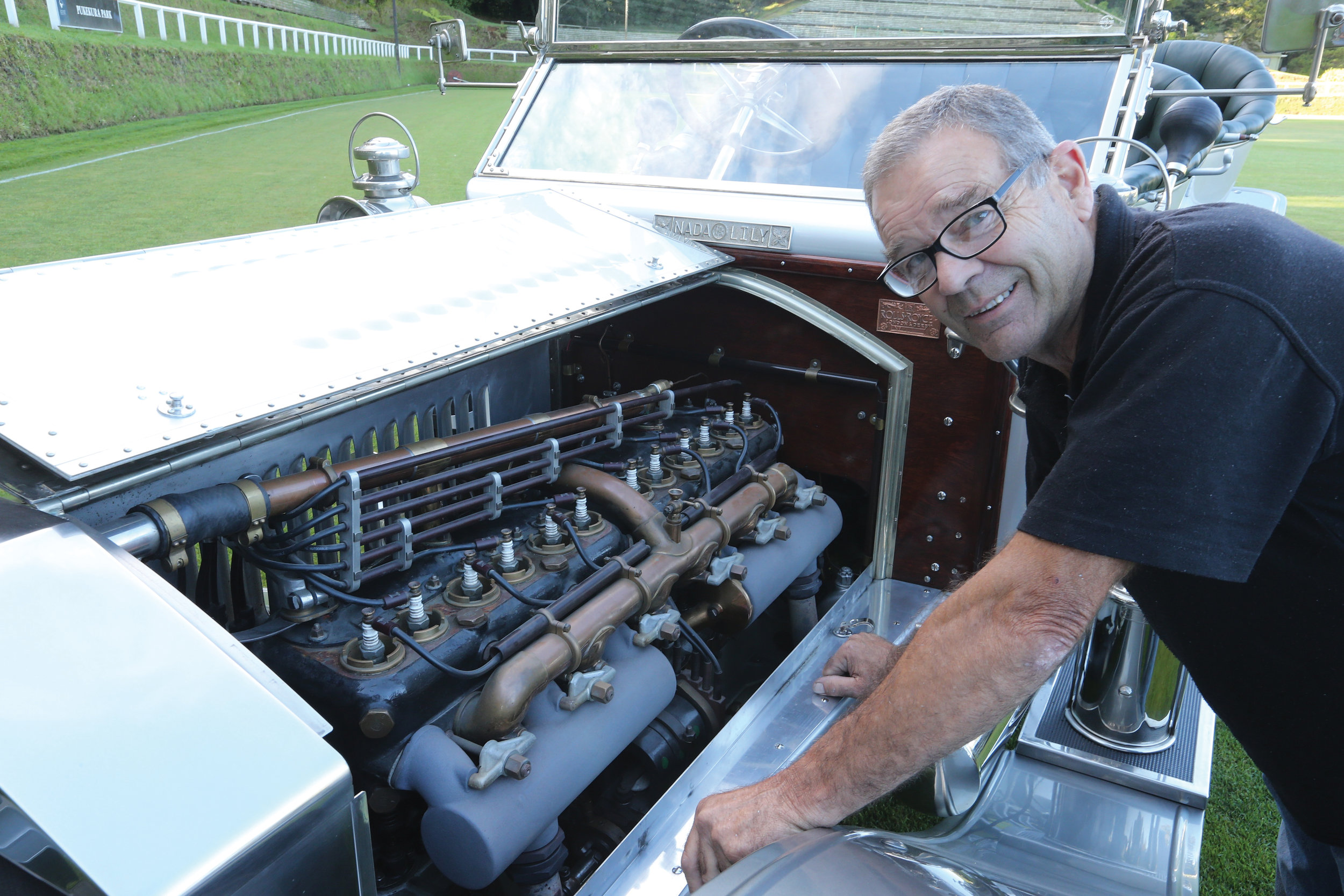 Checking out an engine is chief restorer of the three early Rollers Peter Pittwood who has worked on cars for the Simkin family for 35 years. A cabinetmaker by trade, he has restored all the woodwork on the cars and rebuilt the engines and gearboxes…
