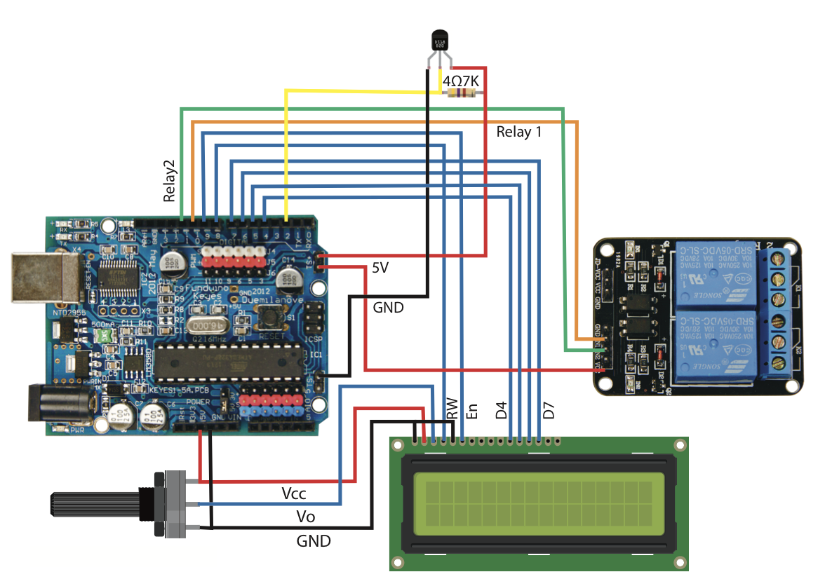The wiring layout for the temperatrure relay with a basic LCD