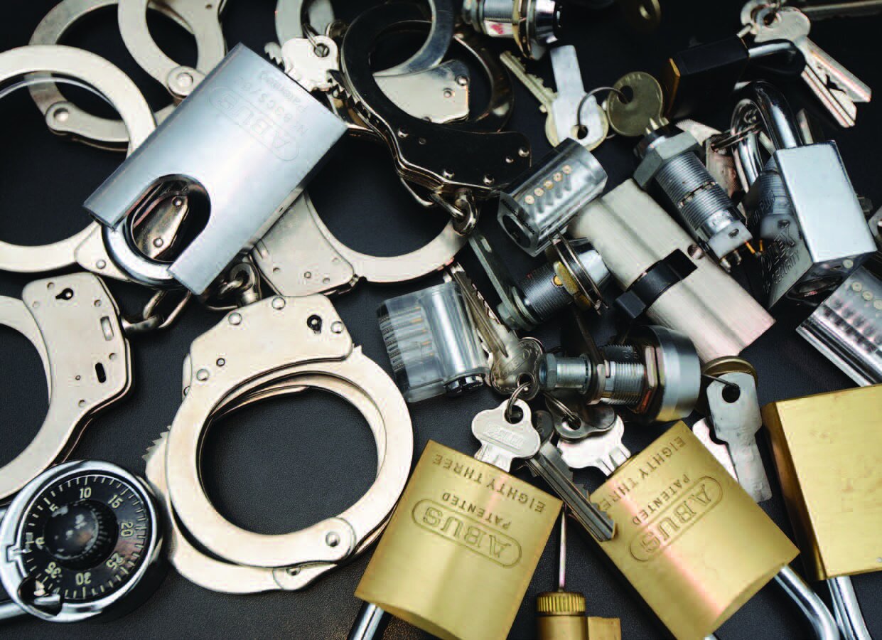 A selection of the locks put out for LockSport Wellington’s meeting. Note the clear-pin tumbler locks, the see-through outer casing offers the novice lock pick a clear view of the pins inside