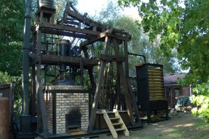 The Newcomen engine, Gloribelle, at home in project leader Ken Pointon’s back yard. Believe it or not, the engine is portable and likely to be seen at various locations.